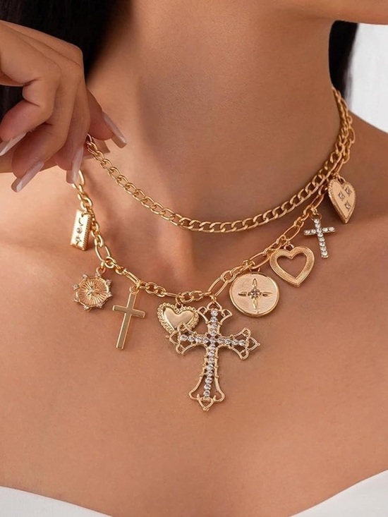 Anthropologie Jewelry - Anthropologie Gold Layered Charm Necklace with Crosses & Hearts